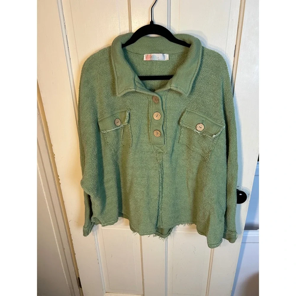 Free People FP Beach Rowan Pullover Backwater Green Cotton Oversized Shacket S